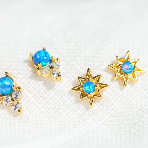 Opal Star Studs Blue opal Starburst Earrings North Star Studs Tiny Gold Studs - Picture 8 of 13